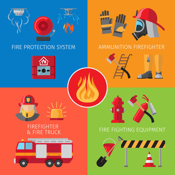 Firefighting inventory and fire rescue concepts. Business and house fire safety vector illustration