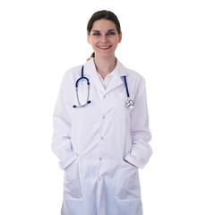 Fototapeta premium Female doctor assistant scientist in white coat over isolated background