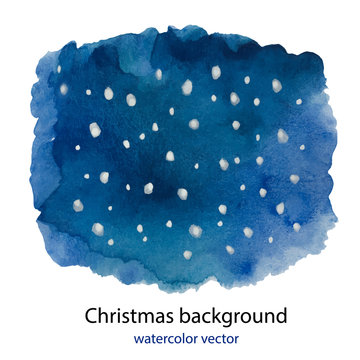 Hand painted Blue dark watercolor Christmas background of night sky with falling snow.