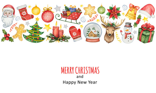 Hand painted watercolor background with elements for merry Christmas and happy new year.