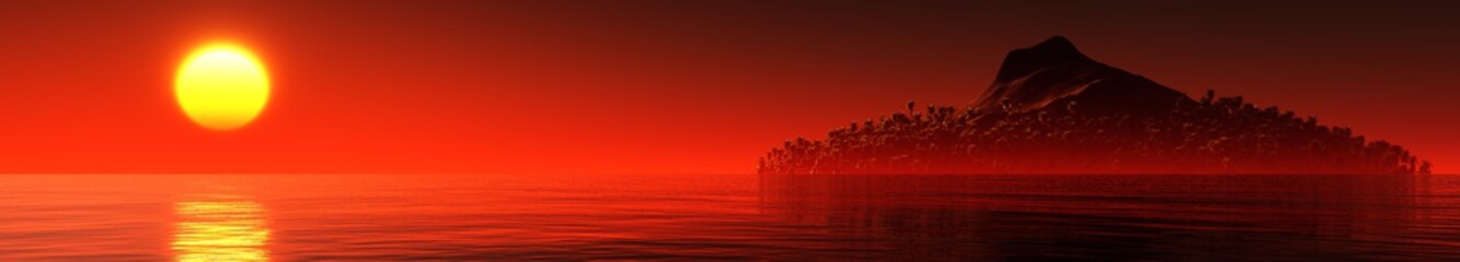 Fototapeta na wymiar Panorama Sunset over a tropical island. Ocean sunrise in the tropics over the island.