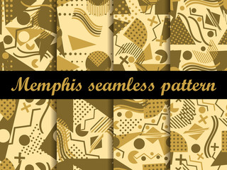 Memphis seamless pattern. Gold color. Geometric elements memphis in the style of 80's. Vector illustration.