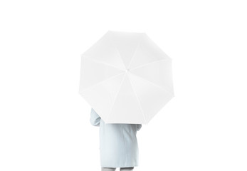 Women stand backwards with white blank umbrella opened mockup, clipping path. Female person hold clear umbel overhead. Plain surface gamp mockup. Man holding protective accesory gingham cover handle. - obrazy, fototapety, plakaty