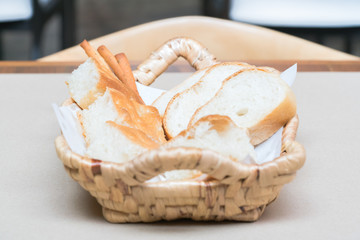 Fresh bread in the basket. Food background.
