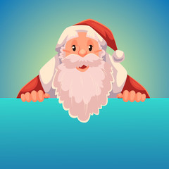 Santa Claus holding a sign with a place for text, cartoon style vector illustration isolated on blue background. Half length portrait of Santa holding an empty board, Christmas decoration element