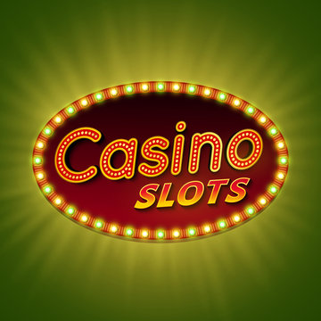 Casino slots. 3d retro light banner with shining bulbs. Red sign with green and yellow lights on dark background. Casino street signboard. Advertising frame with glow. Vintage vector illustration