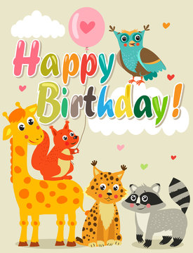 Happy Birthday Card With Funny Animals. Vector Illustration. Happy Birthday Images. Happy Birthday Meme. Happy Birthday To You.