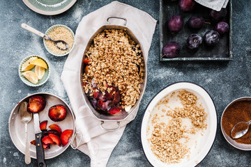 Fruit crumbler. Blueberry, plum, pecans, ginger crust. Top view. 