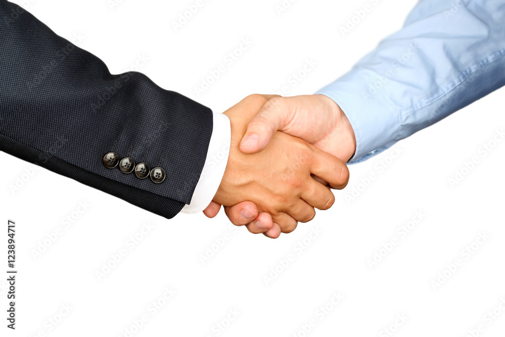 Wall mural Successful business people shaking hands  on a white background