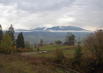 View of the highest tops of the Ukrainian Carpathians in the cloudy autumn morning