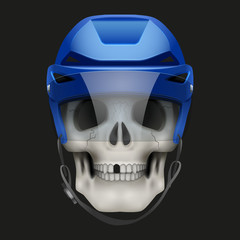 Vector Human skull with ice hockey helmet. Sport mascot or football game symbol. Vector Illustration on isolated dark background
