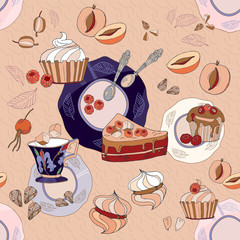 Tea seamless pattern sweets saucers cups cute tea party