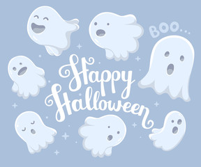 Vector halloween illustration of many white flying ghosts with e