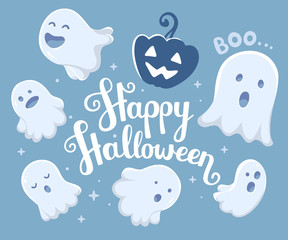 Vector halloween illustration of many white flying ghosts with e
