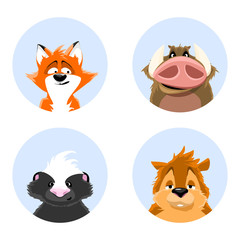 set of avatars wildlife. cute animals on a blue background. skunk, squirrel, wild boar, fox. vector illustrations.