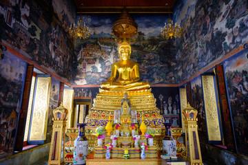 Beautiful of golden Buddha statue and thai art architecture in Wat Bovoranives, Bangkok, Thailand.