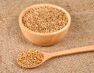 coriander seed in wooden bowl and spoon on hemp sack background