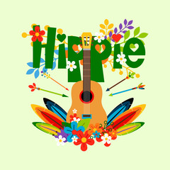 Hippie vector illustration with flowers, feathers and guitar