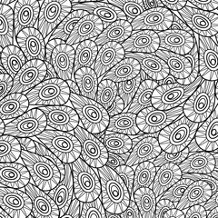 Peacock feathers black and white coloring page design. Vector illustration