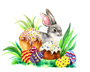 the easter spring time celebretion with bunny and delicious cake watercolor made by hand isolated on the white background