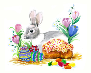 the easter spring time celebretion with bunny and delicious cake watercolor made by hand isolated on the white background