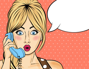 Pop art  woman chating on retro phone . Comic woman with speech - 123898995