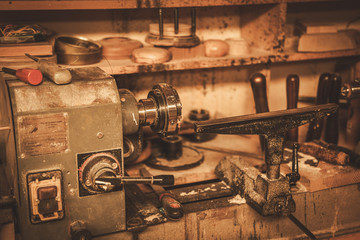Close-up of the carpenter tools in restorer workshop