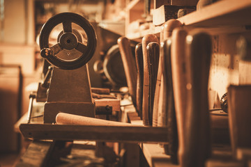 Close-up of the carpenter tools in restorer workshop