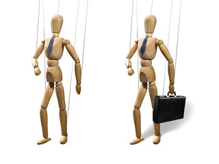 Set of two puppets on a strings. Objects are isolated on white background. Puppets are presented in...
