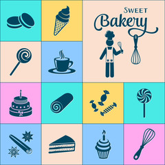 Bakery and sweets silhouette icons collection