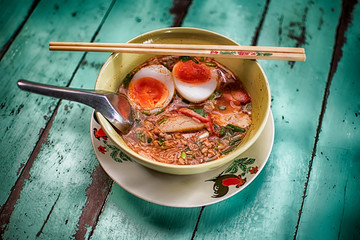 Thai noodle soup,Tom Yum  with Eggs, Thai Food
