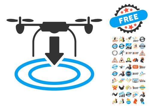 Drone Landing icon with bonus 2017 new year pictograph collection. Vector illustration style is flat iconic symbols, blue and gray colors, white background.