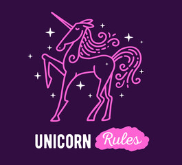Vector illustration of standing magic pink unicorn with horn, ma