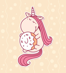 Vector illustration of cute magic unicorn with horn, pink mane h