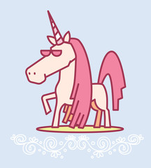 Vector illustration of cute magic unicorn with horn, pink mane,
