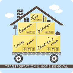 Transportation and home removal. Stylized house on wheels with boxes for moving. We're moving. Stock vector. Flat design.