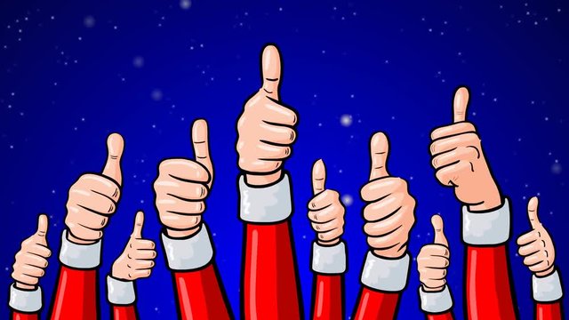 Video: Viele Weihnachtsmann-H&auml;nde mit Daumen hoch vor verschneitem Sternenhimmel