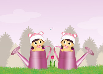 female twins in watering can