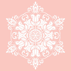 Elegant ornament in the style of barogue. Abstract traditional pattern with oriental elements. Pink and white pattern