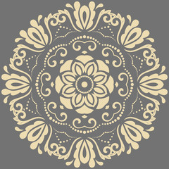 Oriental pattern with arabesques and floral elements. Traditional classic round ornament. Gray and golden pattern