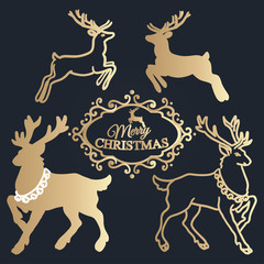 Merry Christmas lettering. Golden reindeers.
