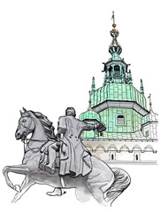 Krakow. Poland. Tadeusz Kosciuszko Monument & The Wawel Cathedral, Katedra Wawelska in Polish, was the coronation site of Polish monarchs and remains Poland's most important national sanctuary