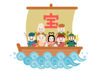 宝船に乗る七福神のイラスト 