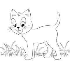 Happy cute outline kitten. Simple cartoon style. Page for art coloring book for kids.
