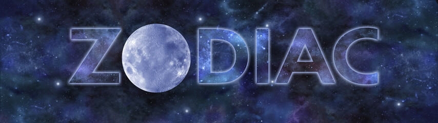 Zodiac Panoramic Planetarium Banner - deep space dark blue background with a large blue moon...