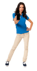 Full-length casually dressed young female woman girl in blue polo shirt showing displaying holding...