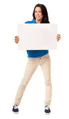 Fototapeta premium Full-length casually dressed young woman sholding showing displaying blank sign card poster board placard isolated on white background