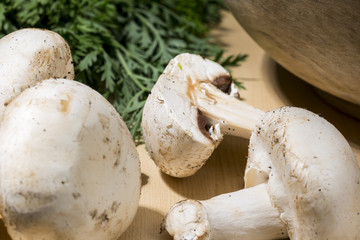 Raw mushroom cut in half beside others champignons. Organic food