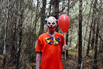 scary evil clown in the woods