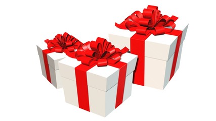 Presents gift boxes with red ribbons isolated on white